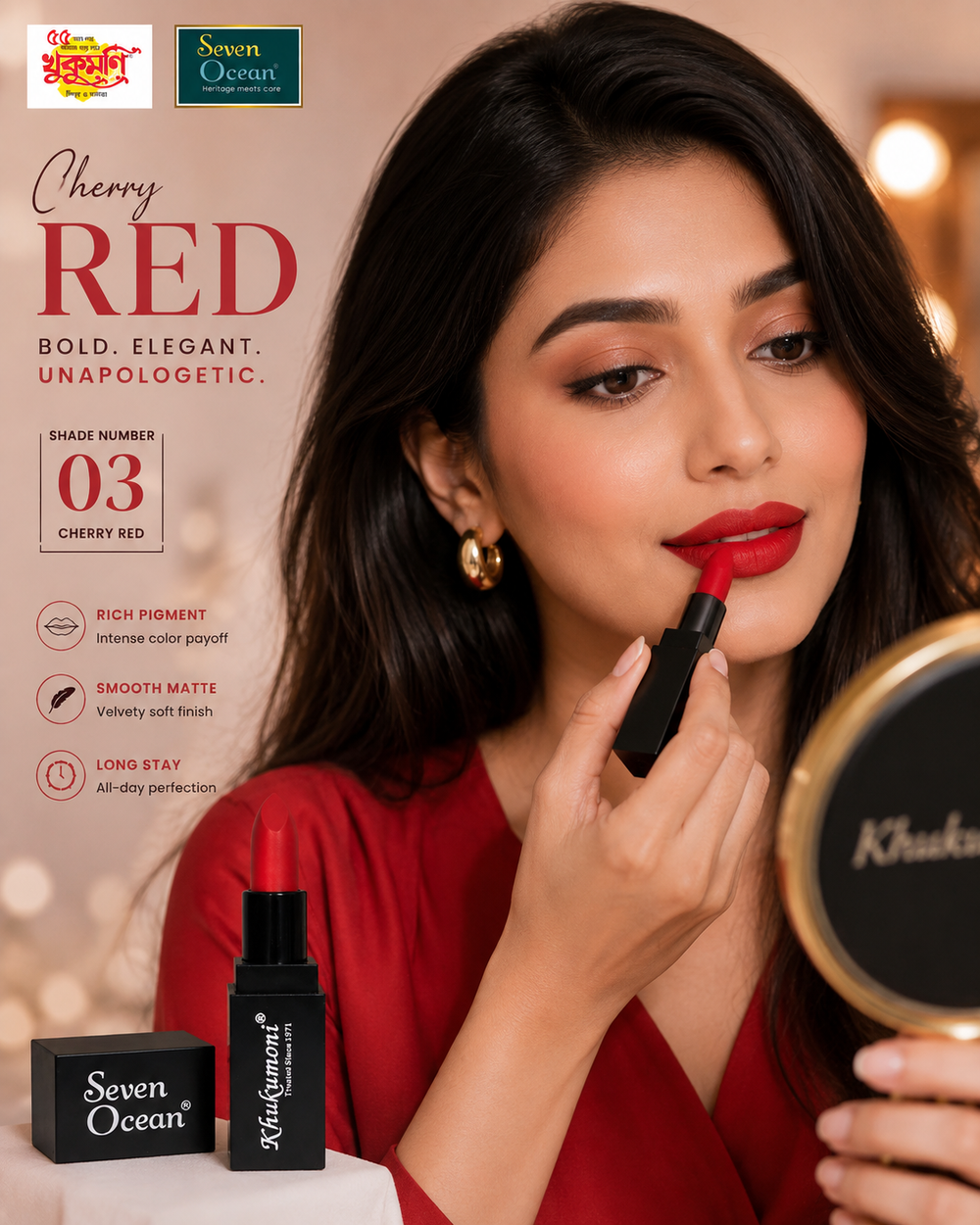 Khukumoni Seven Ocean Creamy Cherry Red Lipstick - 03