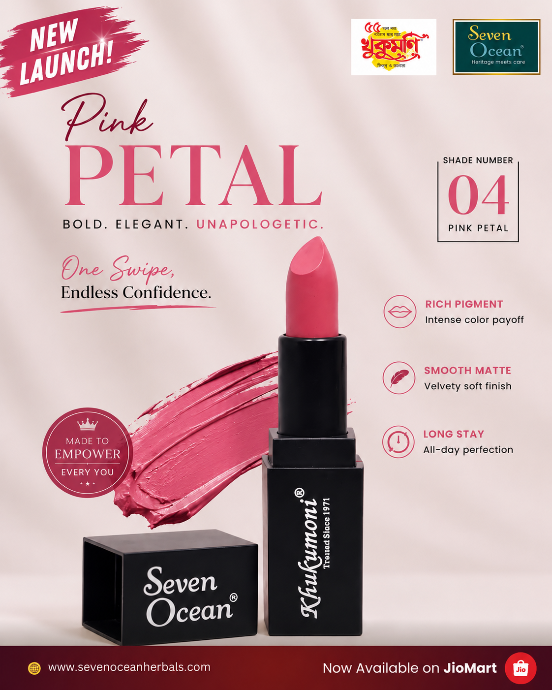 Khukumoni Seven Ocean Creamy Pink Petal Bullet Lipstick - 04