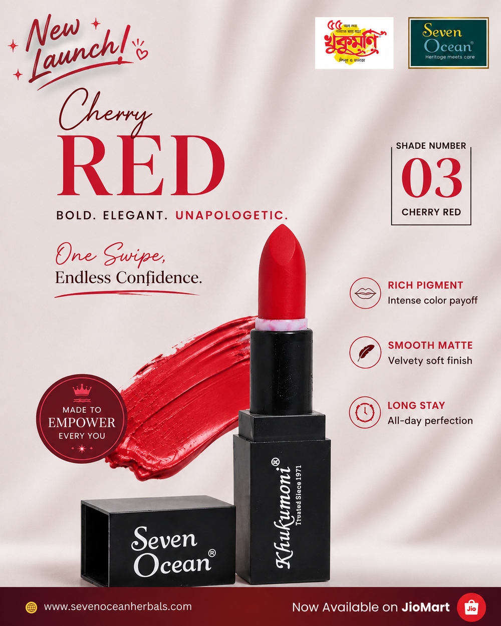 Khukumoni Seven Ocean Creamy Cherry Red Lipstick - 03