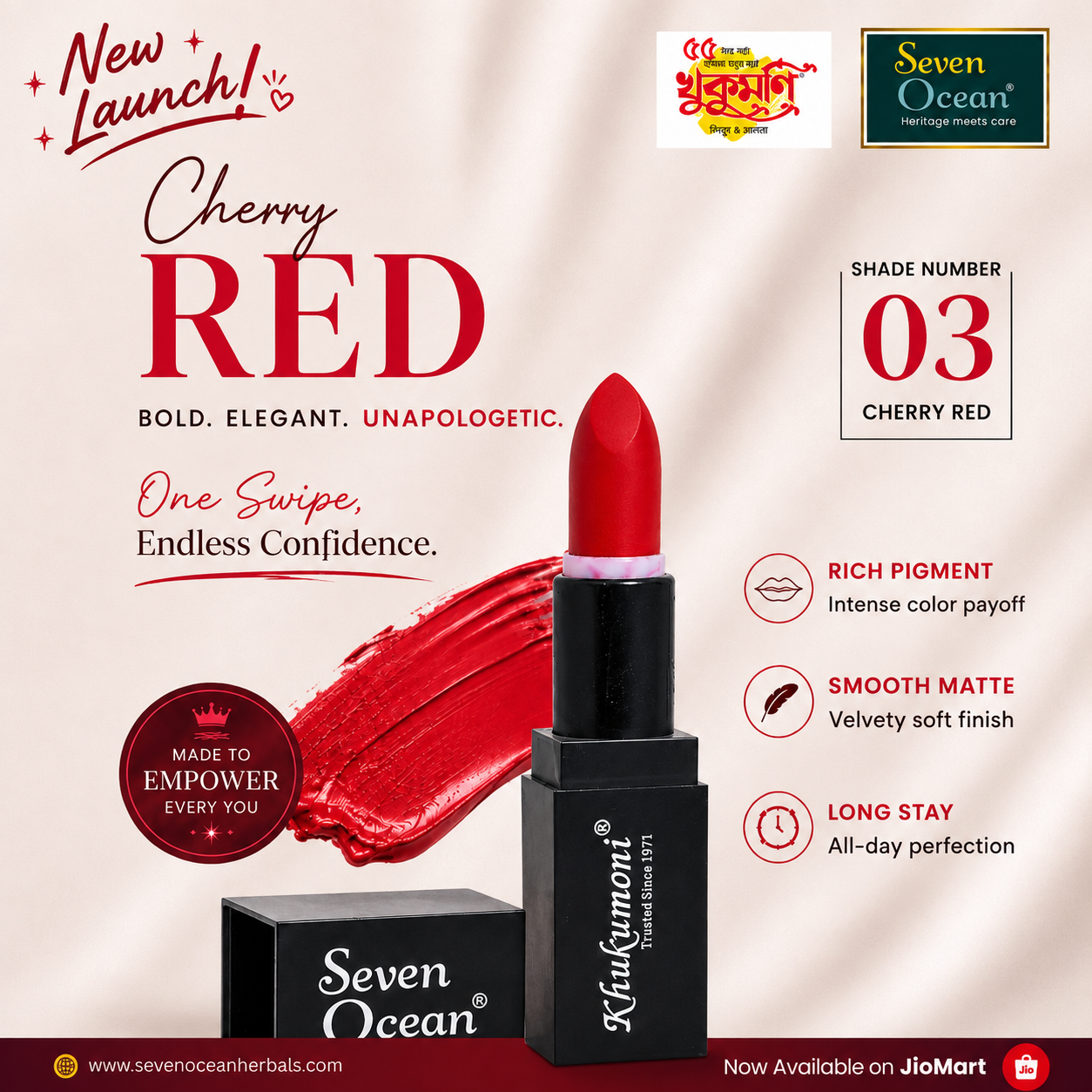 Khukumoni Seven Ocean Creamy Cherry Red Bullet Lipstick - 03