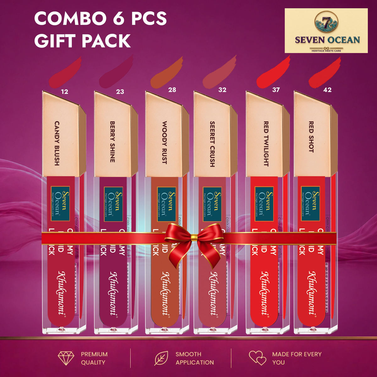Creamy Liquid Lipstick- Candy Blush + Berry Shine + Woody Rust + Secret Crush + Red Twilight + Red Shot- Combo Gift [Pack Of 6]