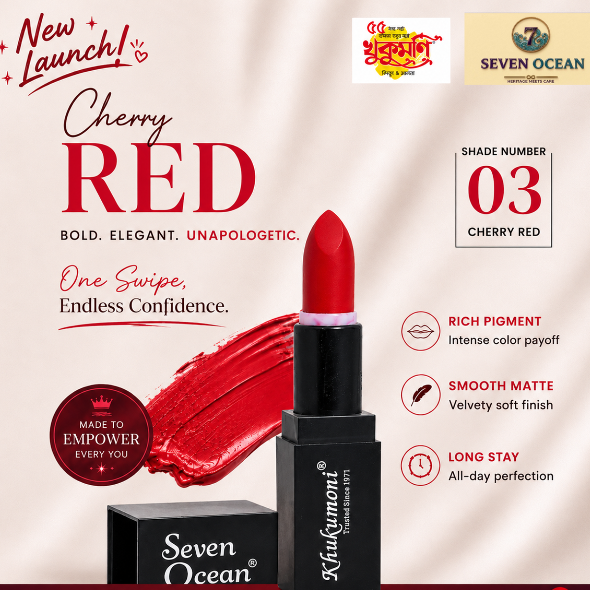 Khukumoni Seven Ocean Creamy Cherry Red Bullet Lipstick - 03
