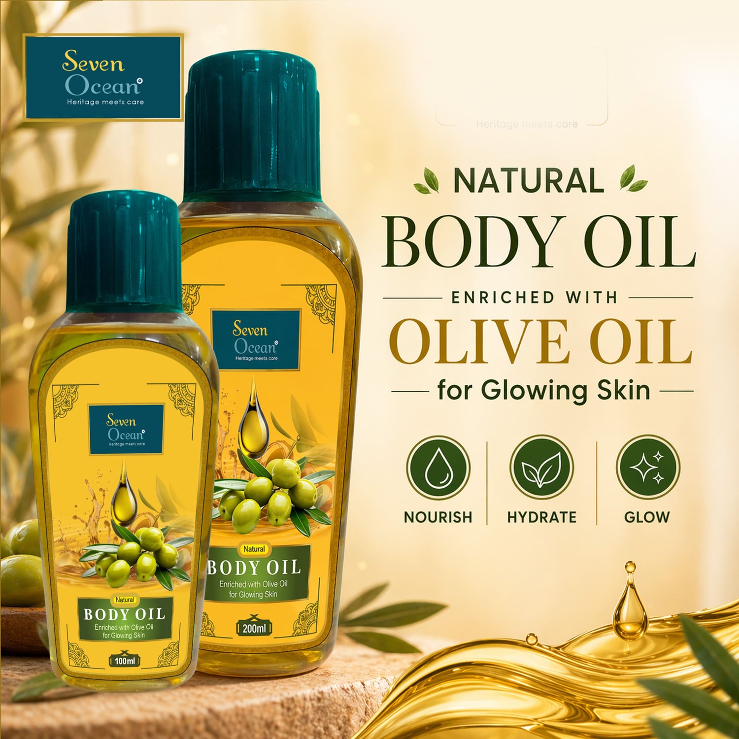 Seven Ocean Natural Body Oil (Enriched with Olive Oil, Haldi, Neem and Other Natural Ingredients) - 200ml+100ml Combo