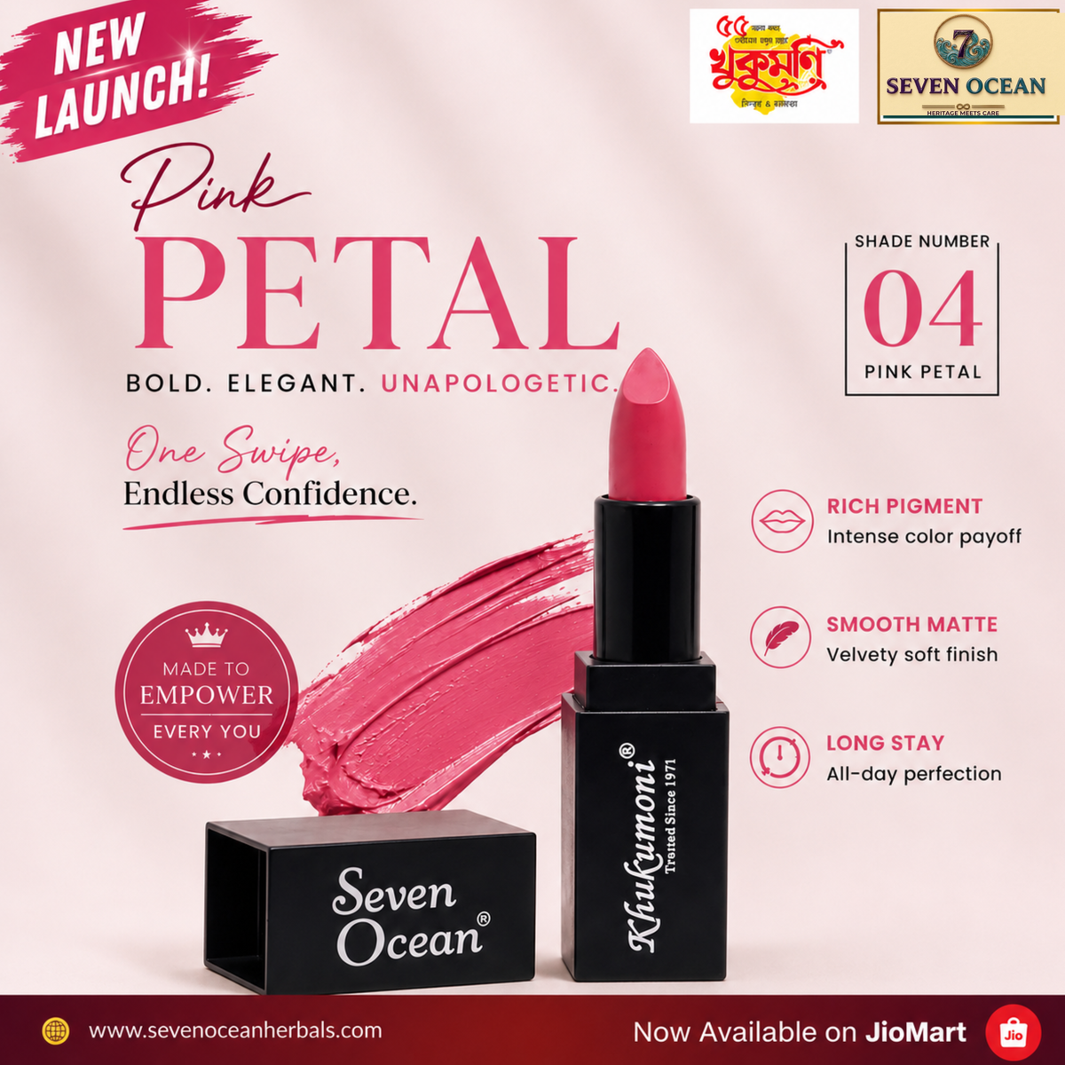 Khukumoni Seven Ocean Creamy Pink Petal Bullet Lipstick - 04